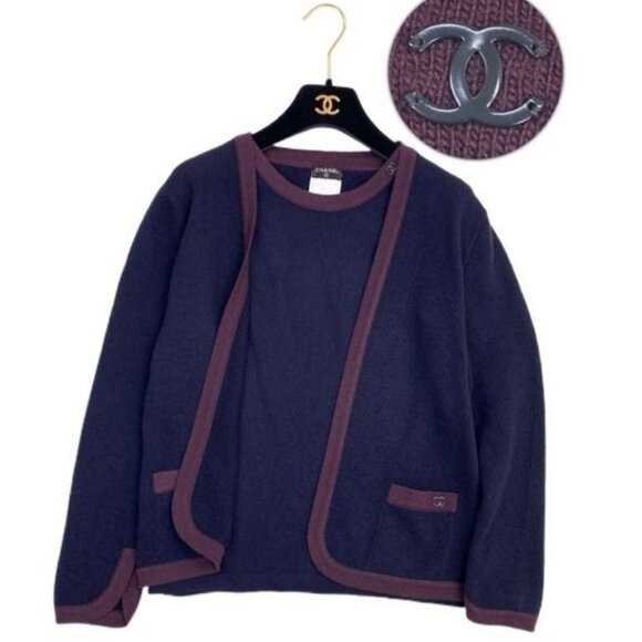Authentic CHANEL Cashmere Cardigan and Vest Ensemble Navy Purple Knit Coco 38 - Picture 1 of 6